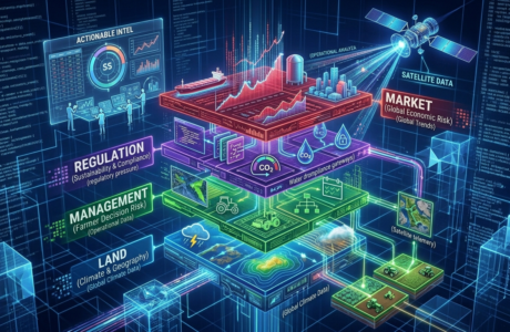 Image alt text Diagram of four-layer agricultural risk ranking framework showing land risk, farmer management risk, sustainability risk, and macro-economy risk as distinct measurable layers for crop insurers and investors