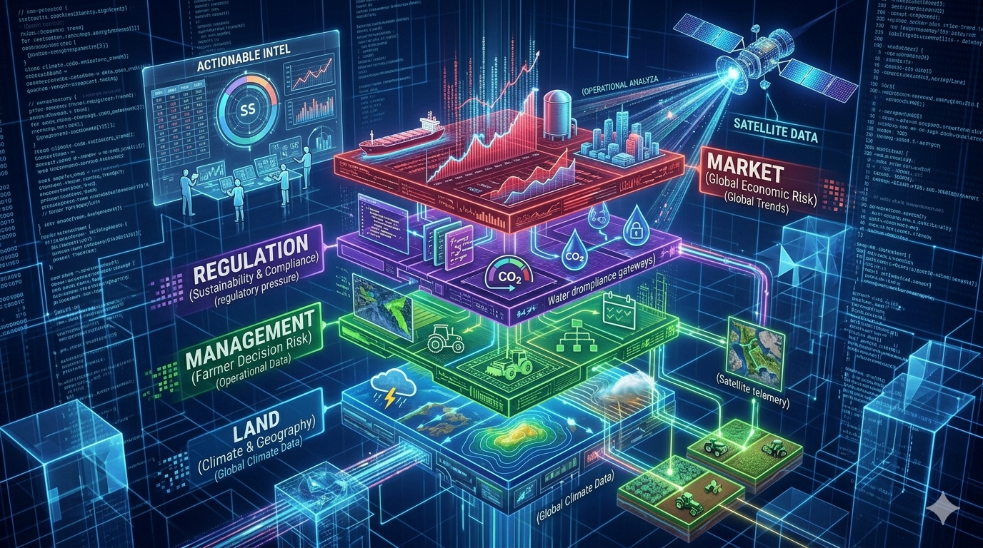 Image alt text Diagram of four-layer agricultural risk ranking framework showing land risk, farmer management risk, sustainability risk, and macro-economy risk as distinct measurable layers for crop insurers and investors