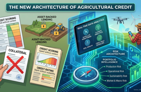 Infographic showing the transition from collateral-based lending to data-driven agricultural risk assessment
