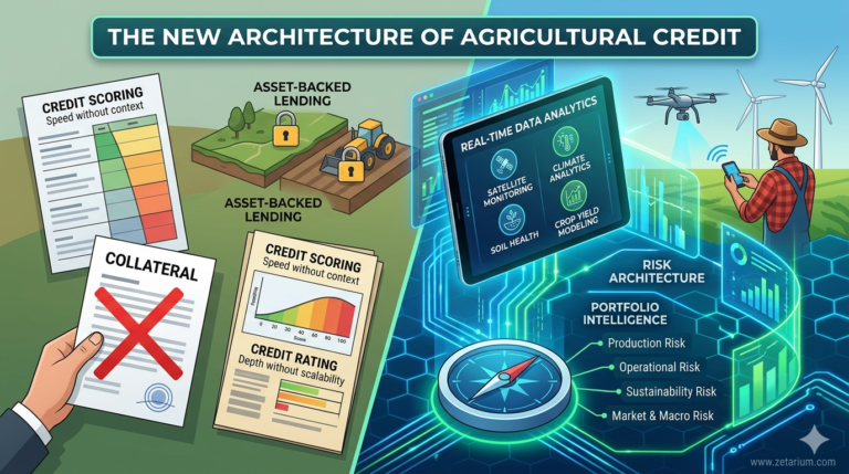 Infographic showing the transition from collateral-based lending to data-driven agricultural risk assessment