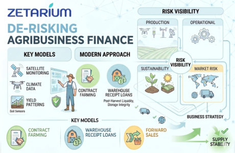 Zetarium infographic detailing a multi-layer framework for de-risking agribusiness finance, contrasting traditional models with data-driven credit and risk intelligence for contract farming and forward sales.