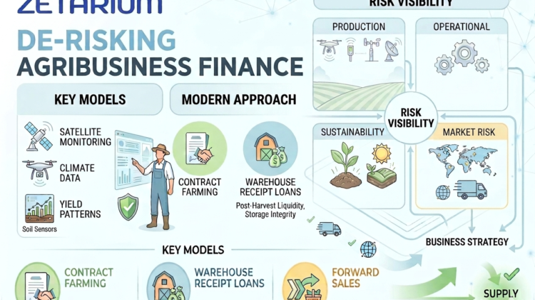 Zetarium infographic detailing a multi-layer framework for de-risking agribusiness finance, contrasting traditional models with data-driven credit and risk intelligence for contract farming and forward sales.