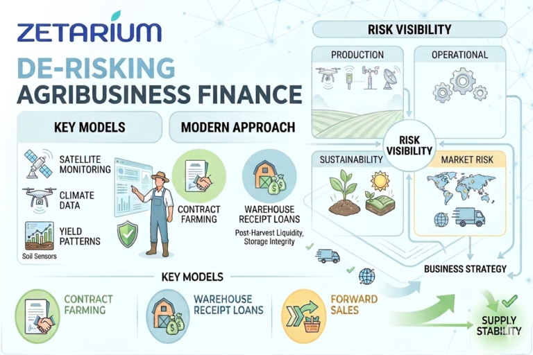 Zetarium infographic detailing a multi-layer framework for de-risking agribusiness finance, contrasting traditional models with data-driven credit and risk intelligence for contract farming and forward sales.