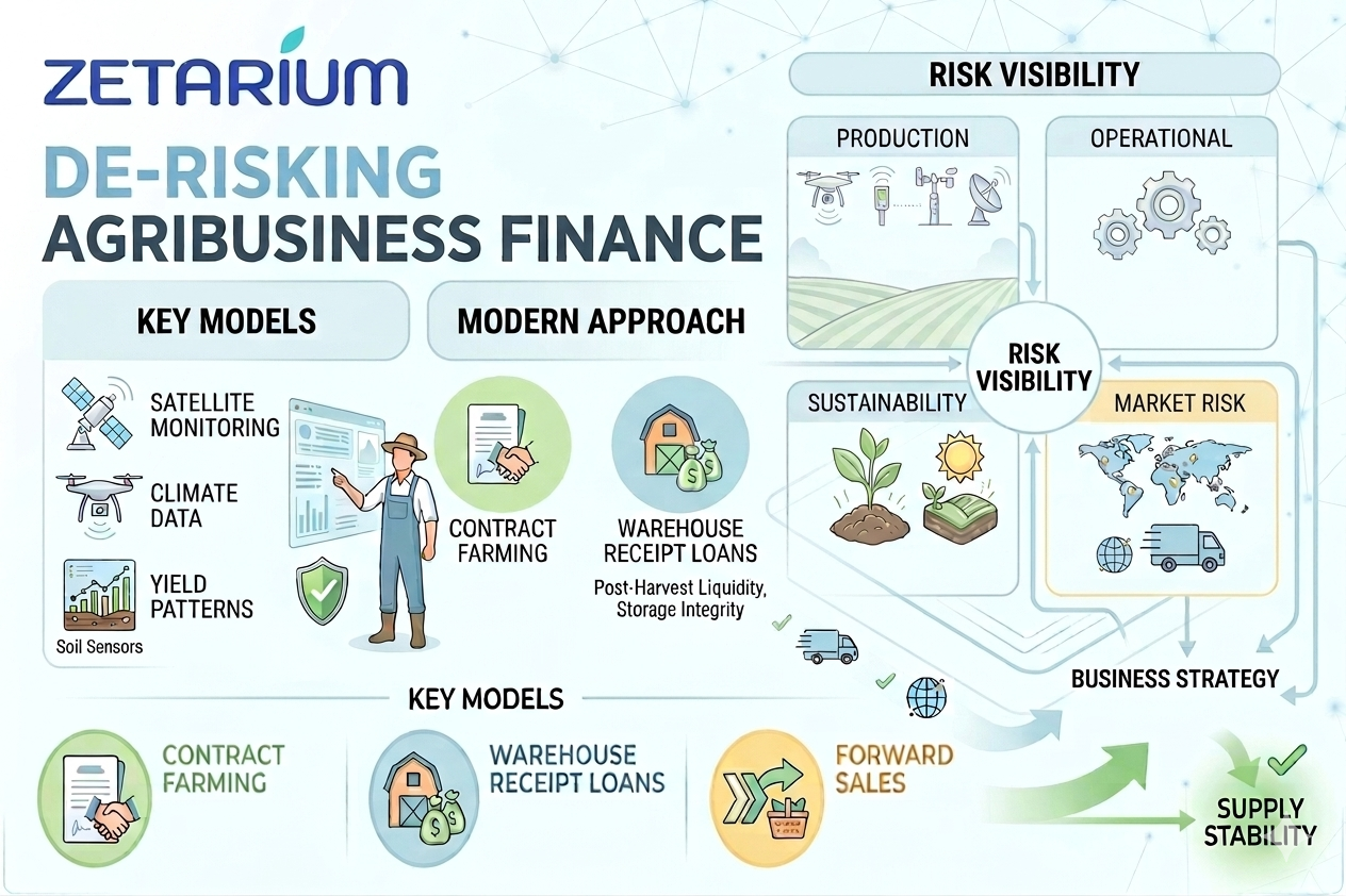 Zetarium infographic detailing a multi-layer framework for de-risking agribusiness finance, contrasting traditional models with data-driven credit and risk intelligence for contract farming and forward sales.